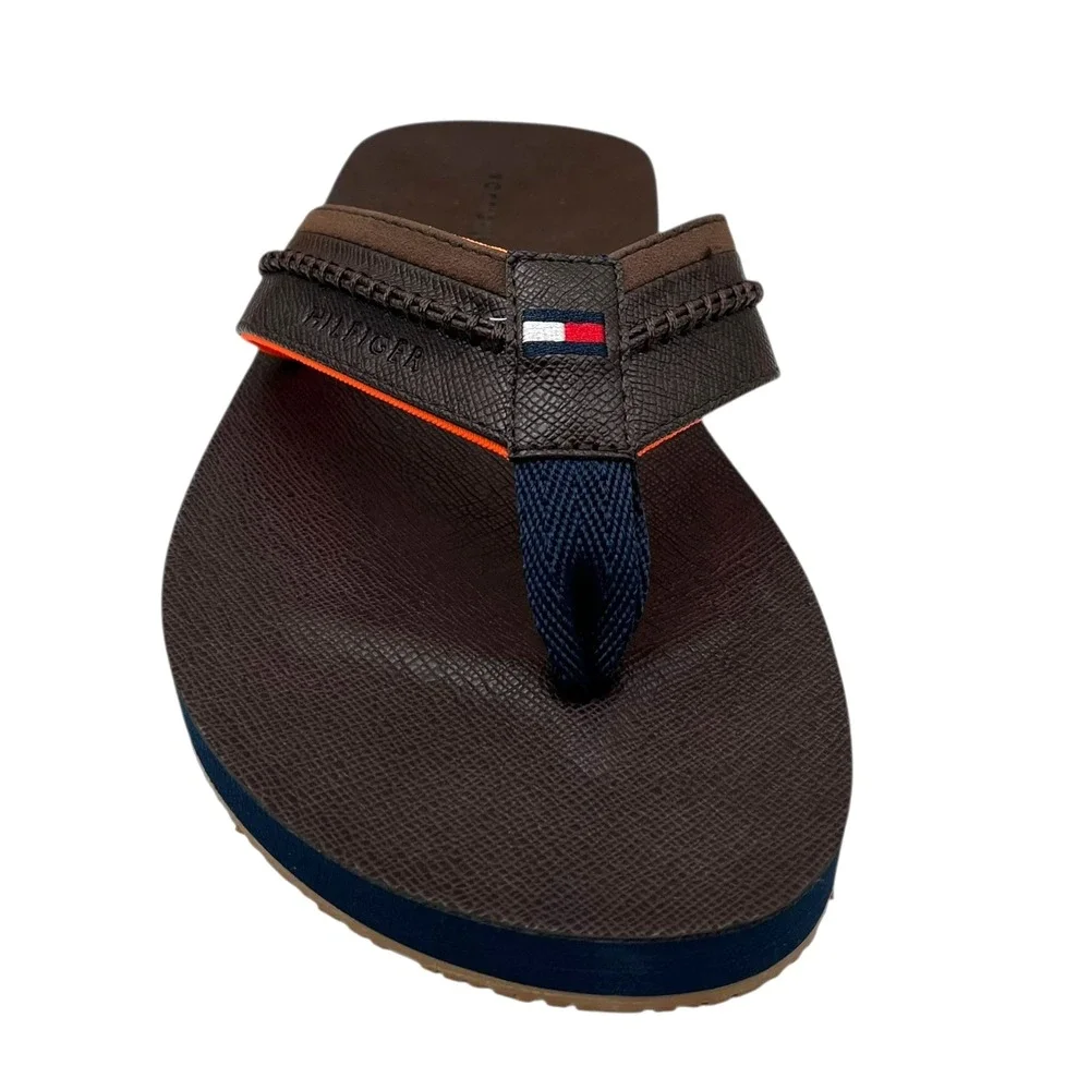 Tommy Hilfiger Mens Dembo Thong Sandal Size 11 Brown Faux‎ Leather Flexible